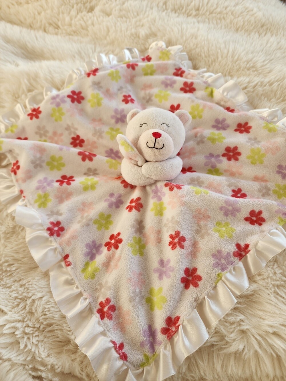 New Carters Baby Blanket Mini Rattle Satin Plush Flowers Bear White